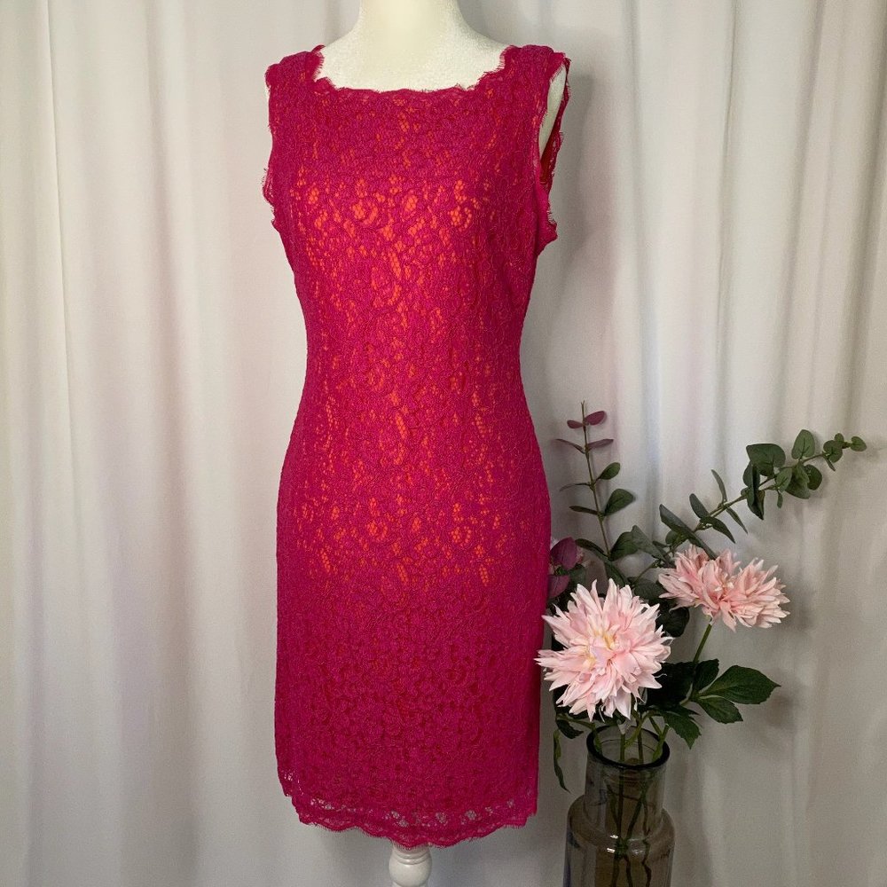 Adrianna Papell Sheath Evening Dress Lace Hot Pink Size 6